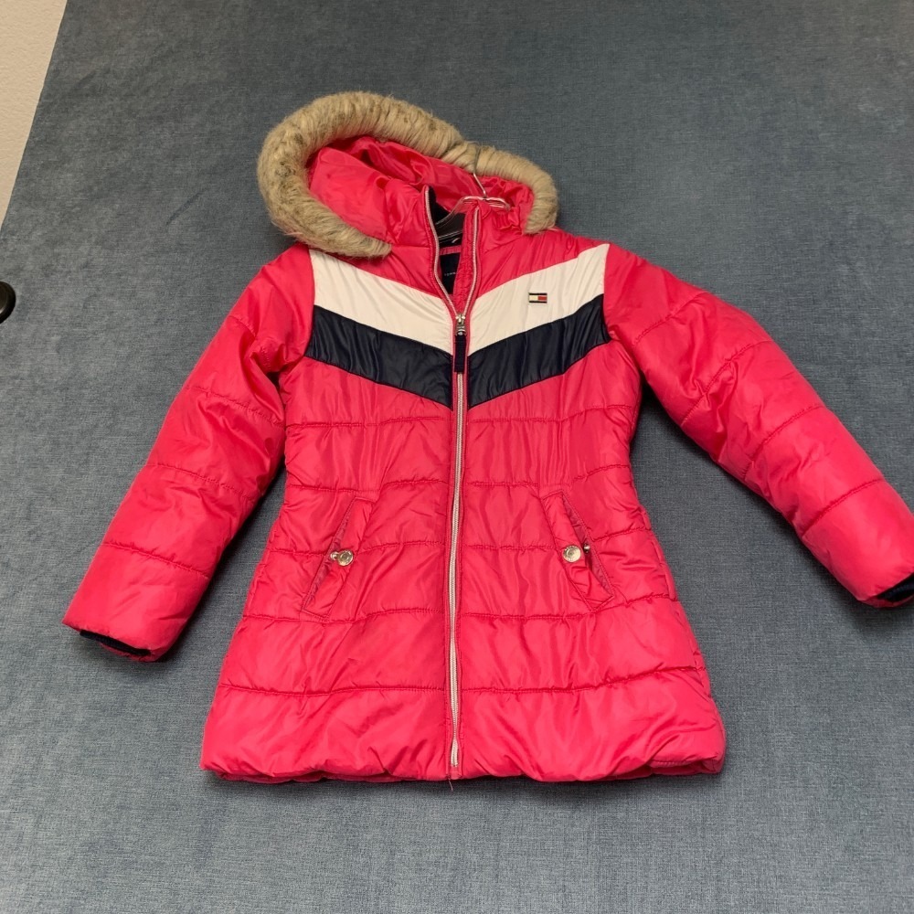 Tommy Hilfiger Puffer Jacket Girls Small Pink Logo Fleece Lined Full Zip Hooded